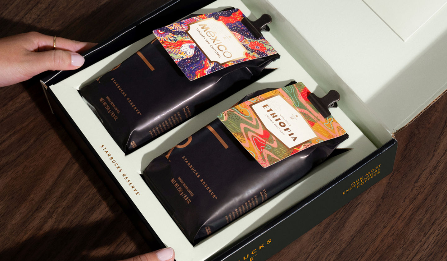 Two bags of Starbucks Reserve coffees—Mexico Tenejapa San Cristóbal and Sun-Dried Ethiopia Oromia West —in a subscription box. 